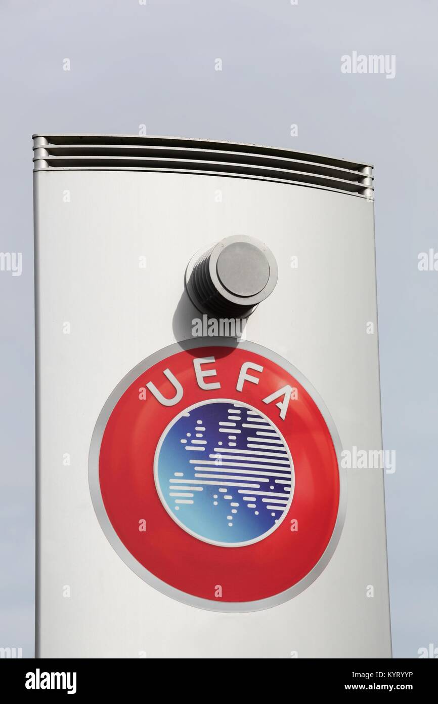 Nyon, Switzerland - October 1, 2017: UEFA logo on a panel. UEFA is the administrative body for association football in Europe with 55 national associa Stock Photo