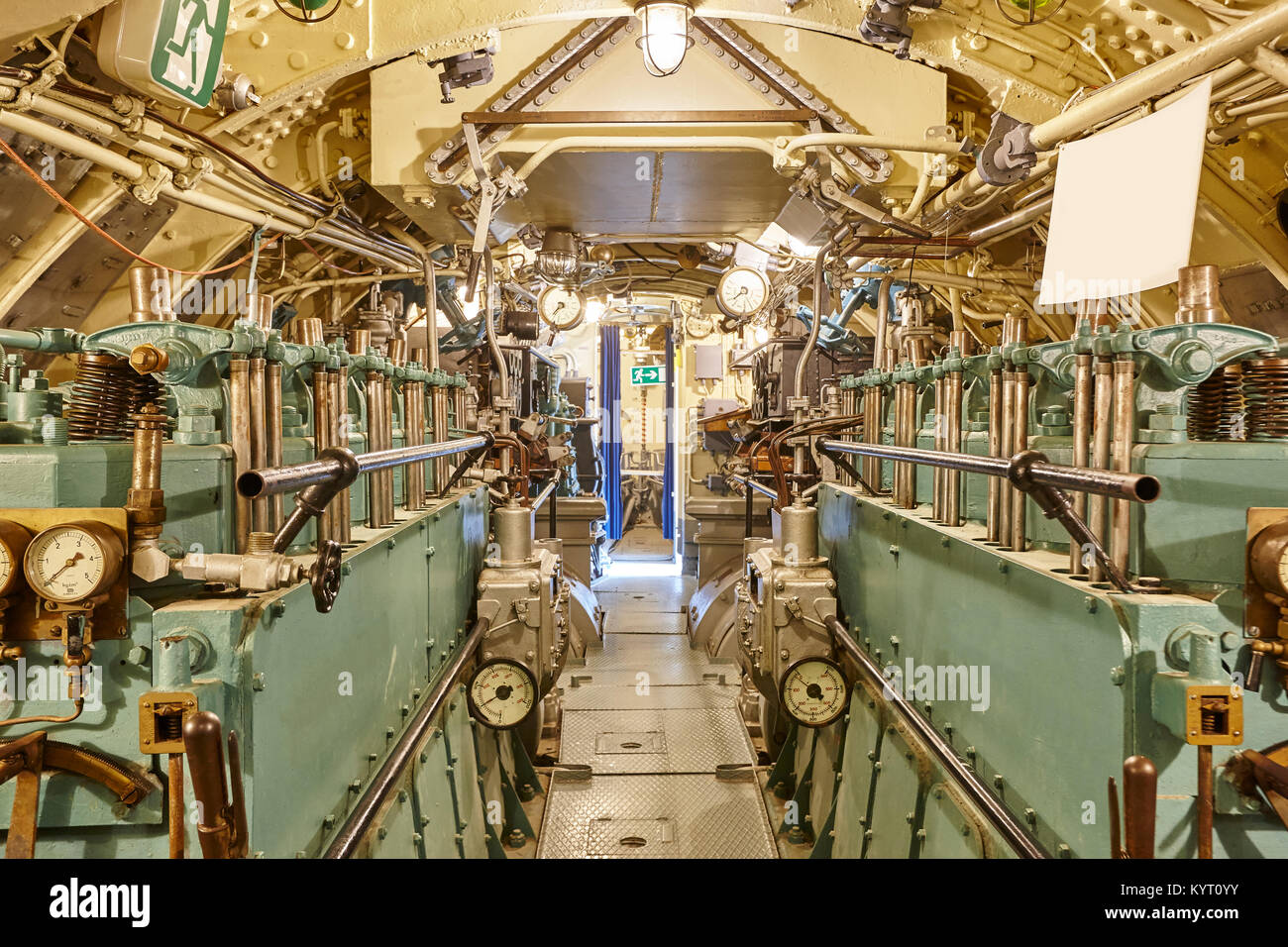 Second war world submarine interior. Engine room. Military vessel. Horizontal Stock Photo