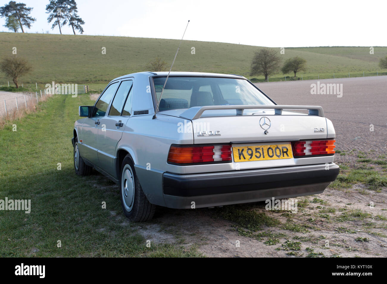 An immaculate example of a 1993 Mercedes Benz 190e in the English countryside. A car built to famously high standards in Germany. Circa 2017. Stock Photo