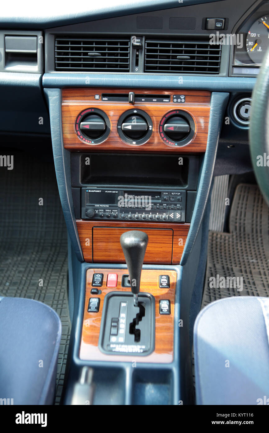 Detailed image of 1993 Mercedes 190e centre console on a UK specification car. 2017 Stock Photo