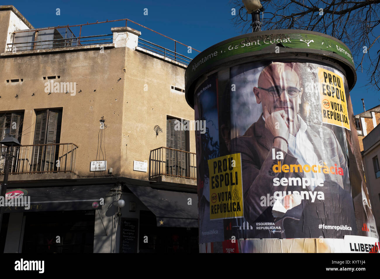 Sant Cugat del Valles - Election posters featuring local resident and Catalan foreign minister Raul Romeva, jailed following the October 1st referendu Stock Photo