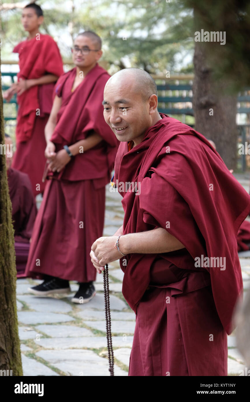 Tibetan buddhist monks debating with each other in the grounds of the Tibetan Government in Exile, Dharamshala,India Stock Photo
