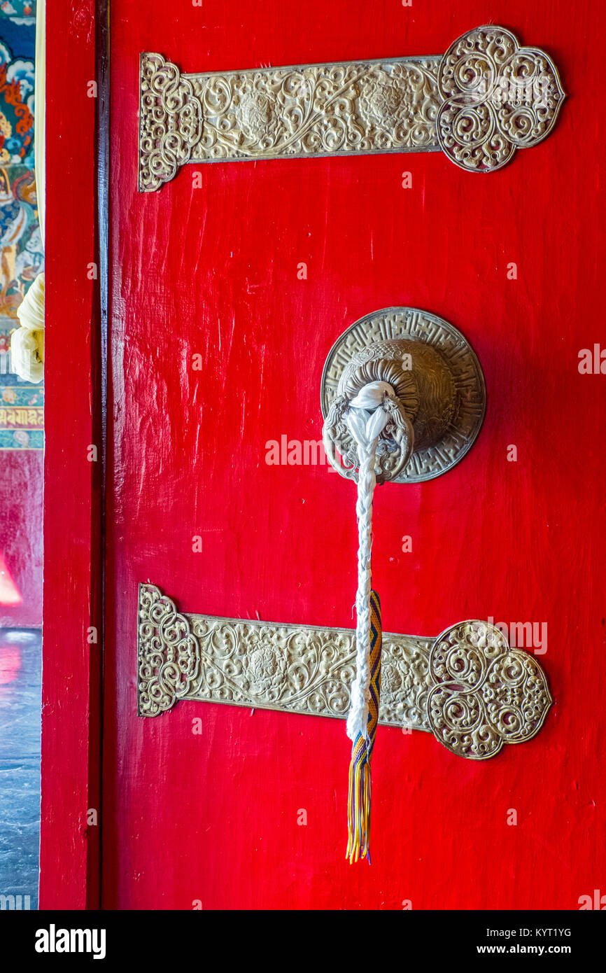 The door of a Buddhist Temple, Daramshala, India Stock Photo