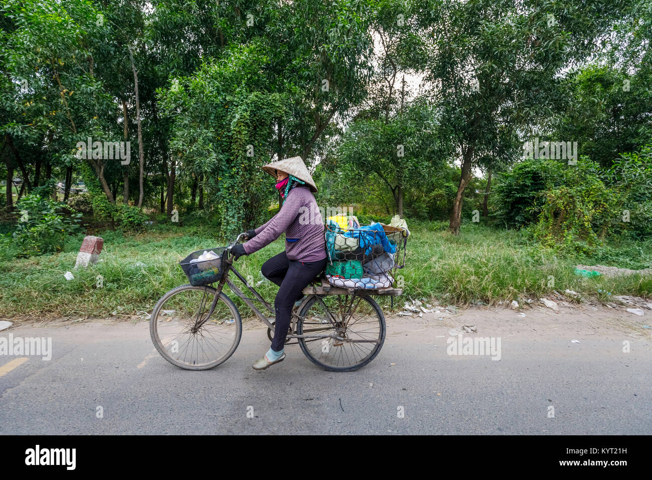 Street view in rural Saigon (Ho Chi Minh City), south Vietnam: local Vietnamese woman wearing a conical hat riding an old fashioned woman's bicycle Stock Photo