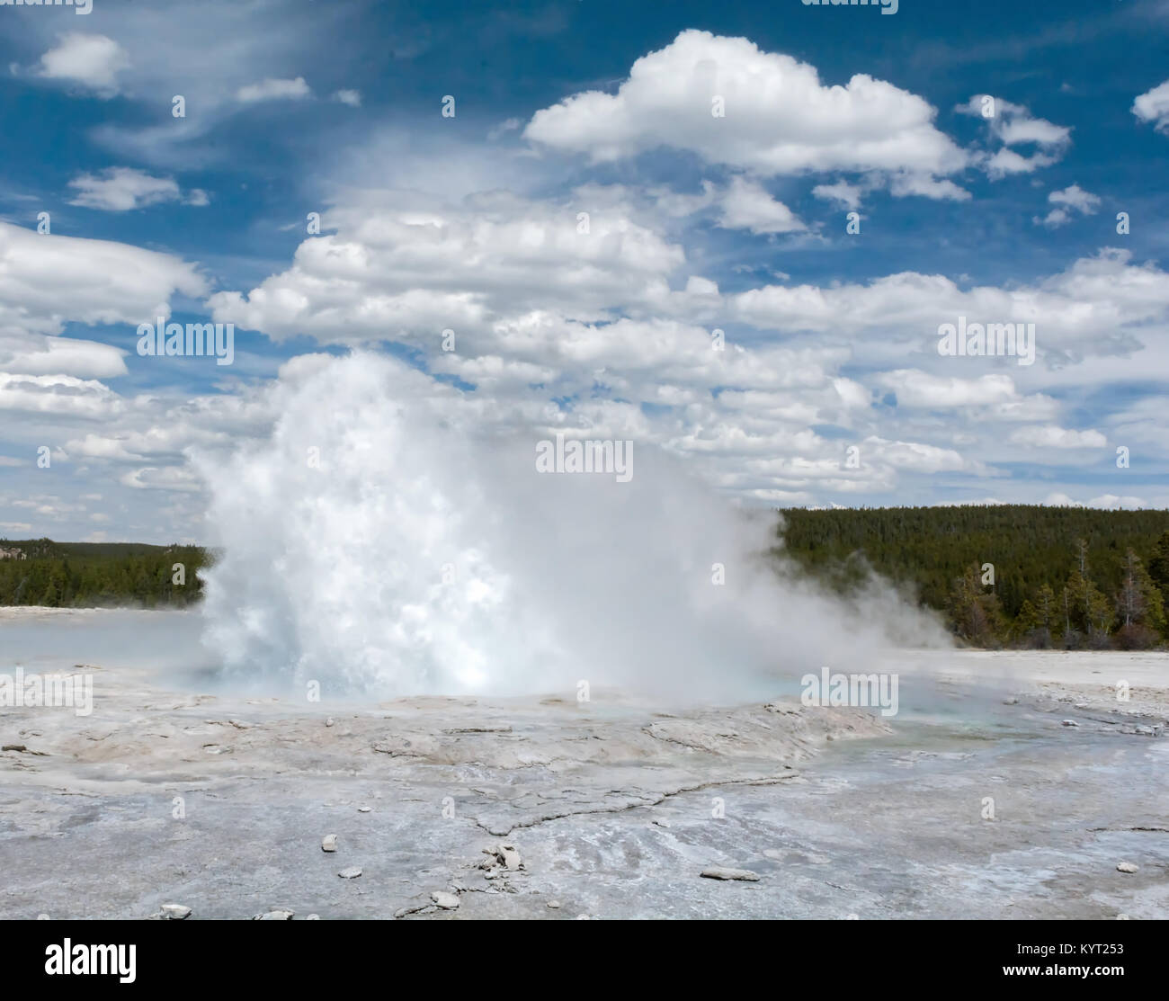 Steam and water bellow out of an erupting geyser on a partly cloudly day at Yellow Stone Natinoal Park. Stock Photo