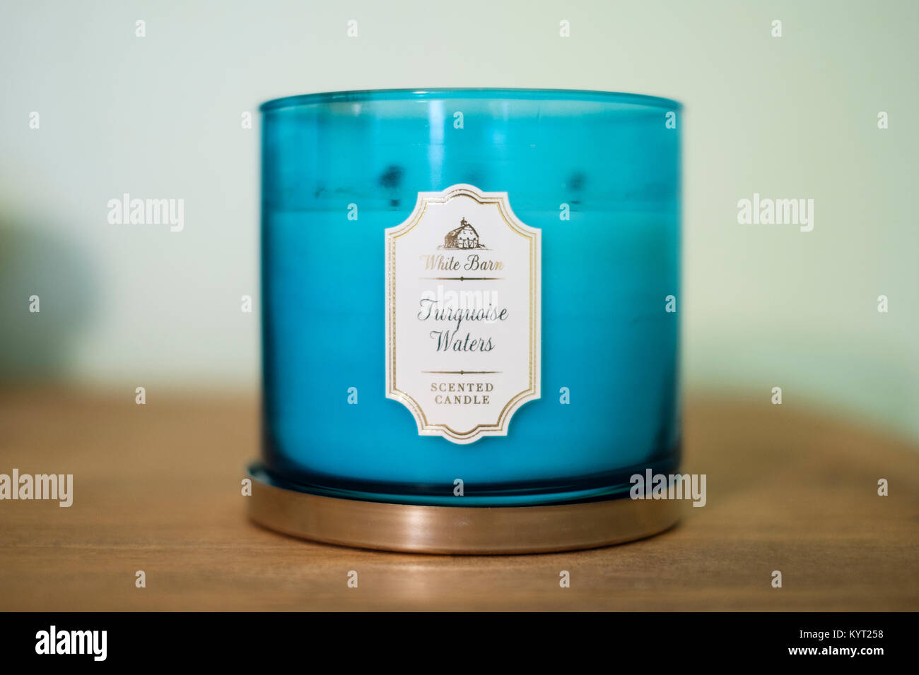 A White Barn Brand Scented Jar Candle Blue Color Closeup Usa
