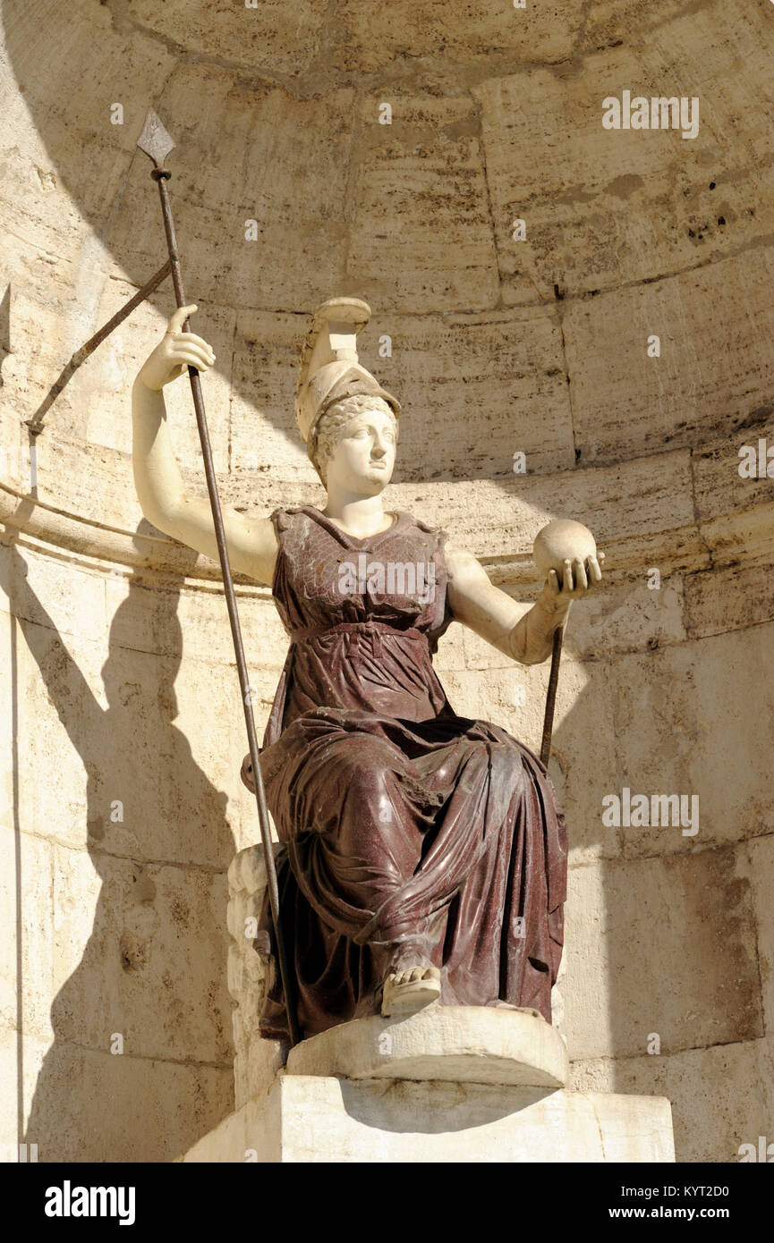 Italy, Rome, Piazza del Campidoglio, Palazzo Senatorio, statue of roman goddess Roma, originally a statue of Minerva (1st century AD) Stock Photo