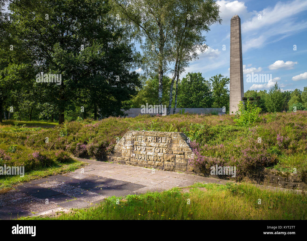 memorial wall Belsen Bergen German Nazi concentration camp 'To the memory of all those who died in this place' Stock Photo