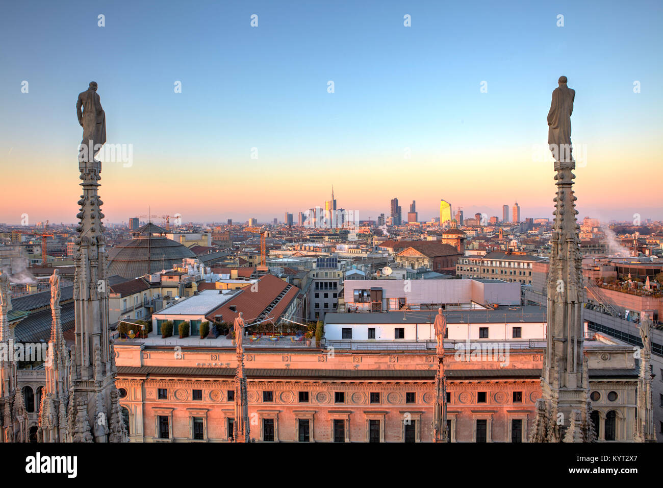 Skyline of Milan with the modern skyscrapers of Porta Nuova, seen from the top of the Cathedral, Italy Stock Photo