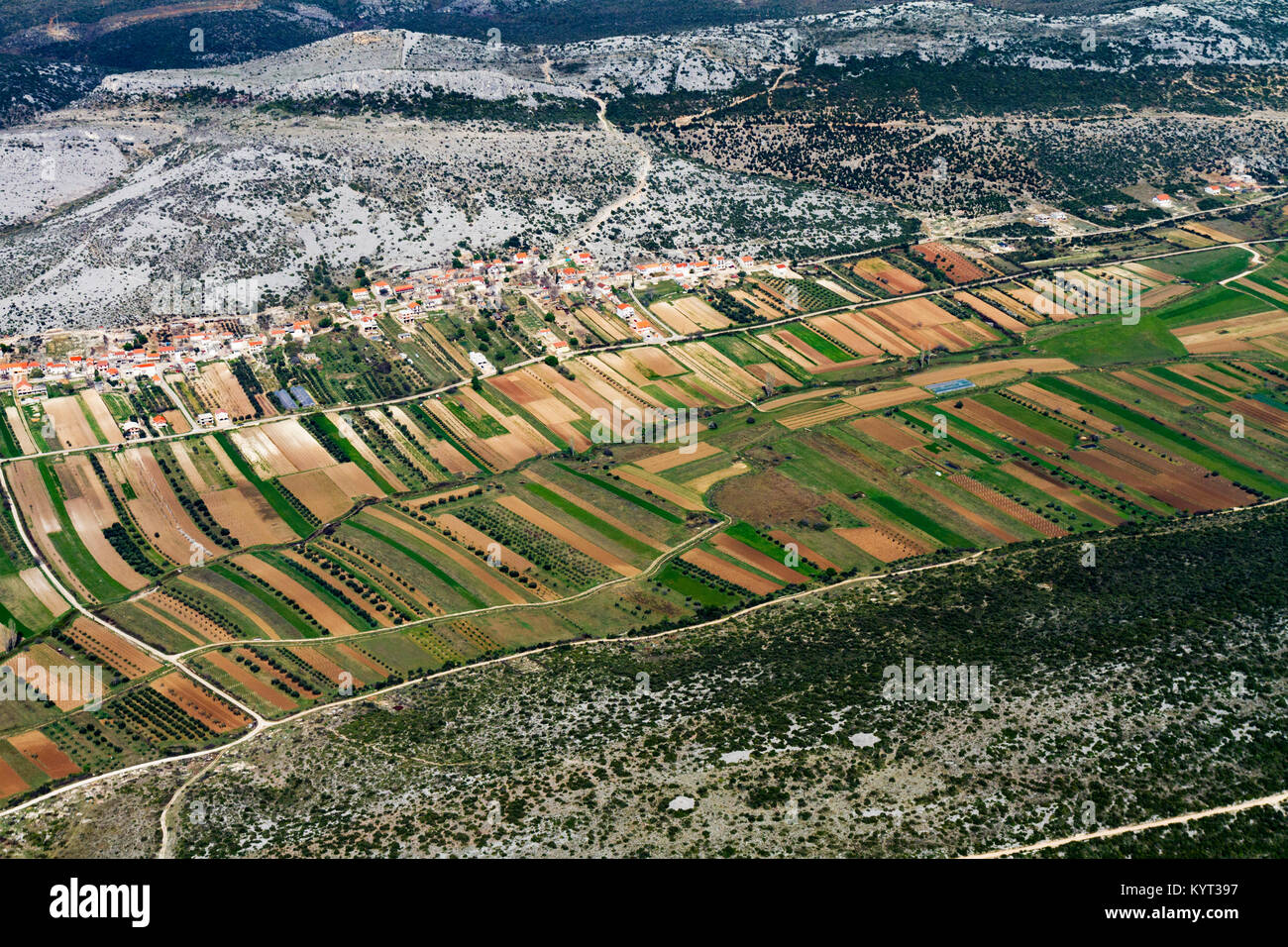 Aerial view of fertile fields in Zadar region near Adriatic coast Stock Photo