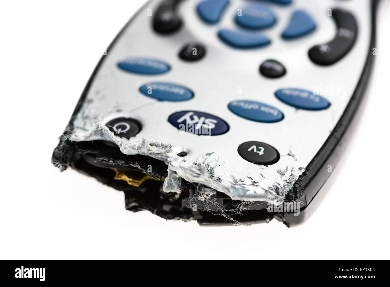 Sky remote control which has been chewed by a puppy dog. Stock Photo