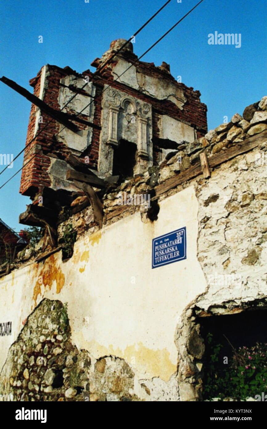 The medieval town of Prizren (Kosovo, until 2008 part of Serbia) survived the war of 1999 without heavier damage, but this Osman-style town house in the Shuaib-Spahiu-street was destroyed. The picture shows the remains of the building in 2006. Stock Photo