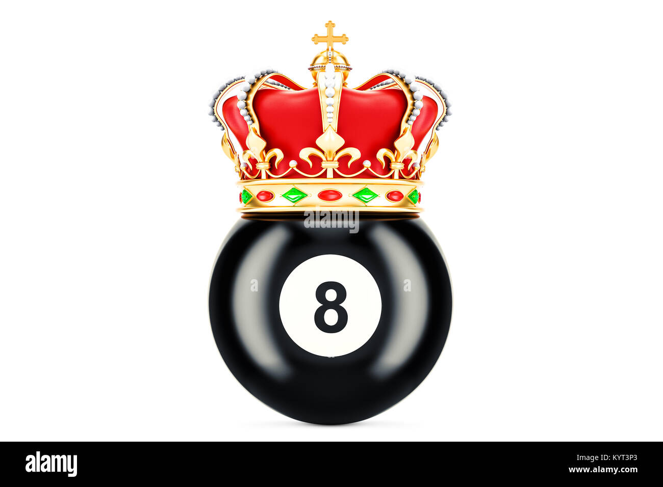 Billiard black eight ball with royal crown, 3D rendering isolated on