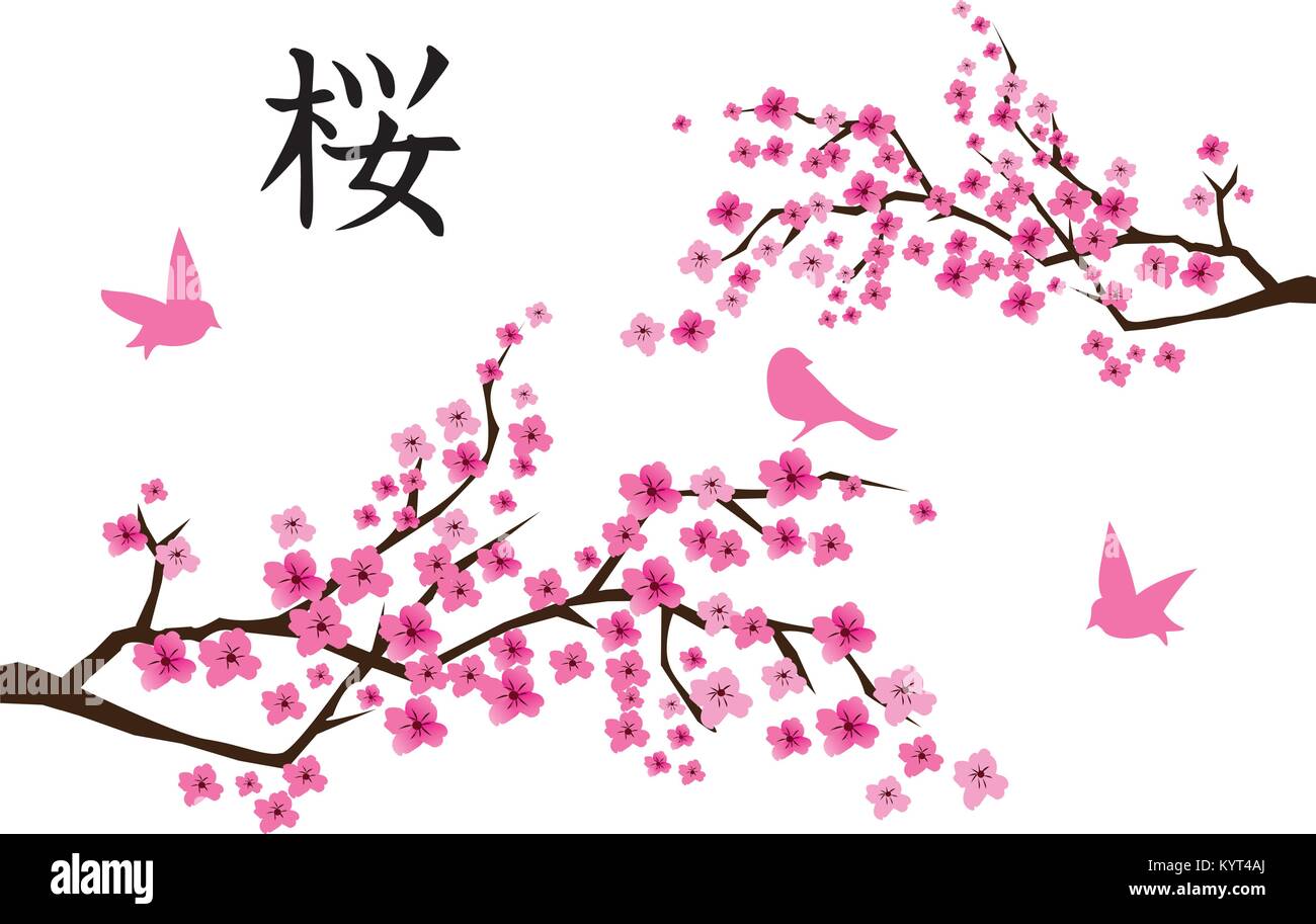 vector illustration of cherry blossom with Japanese text and pink birds. Stock Vector