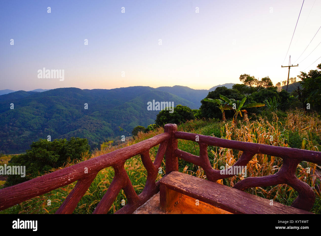 Nature view mountain, forest and blue sky before sunset Stock Photo