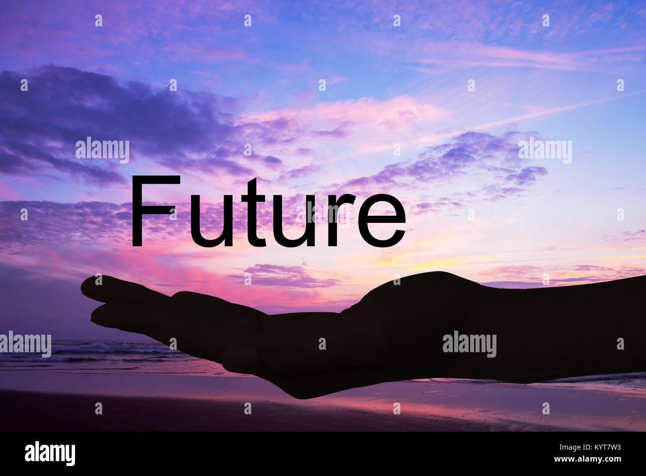 Hand offering the word future, sunset background Stock Photo