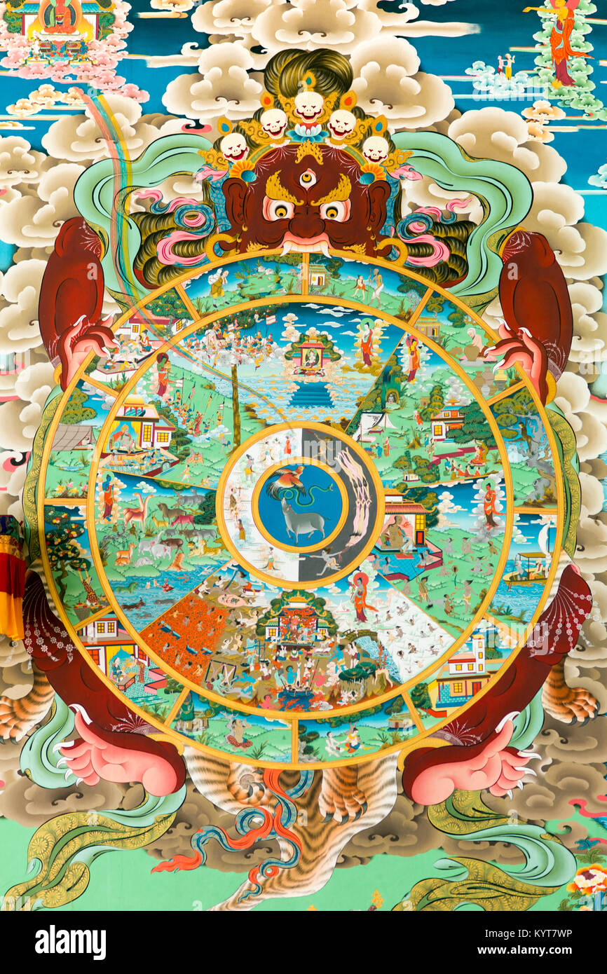 Detail of the mandala mural paintings deitiesinside the Khinmey Nyingma Monastery Stock Photo