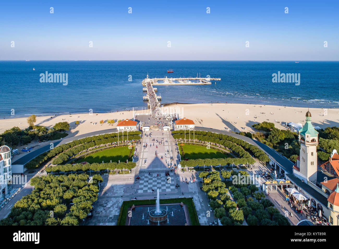 Sopot resort in Poland. SPA , old lighthouse, wooden pier (molo) with marina, yachts,  beach,  vacation infrastructure, park, promenade and walking pe Stock Photo