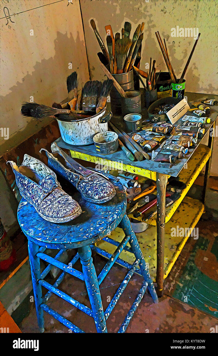 A photoshop manipulated image of Lee Krasner's work space at the Krasner Pollock House in East Hampton, Long Island, New York Stock Photo