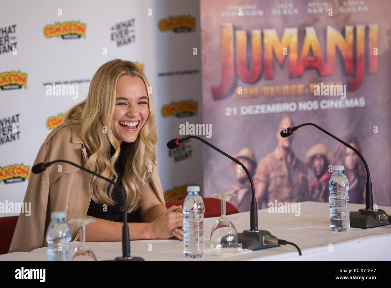 Madison Iseman attends a press conference for 'Jumanji: Welcome To The