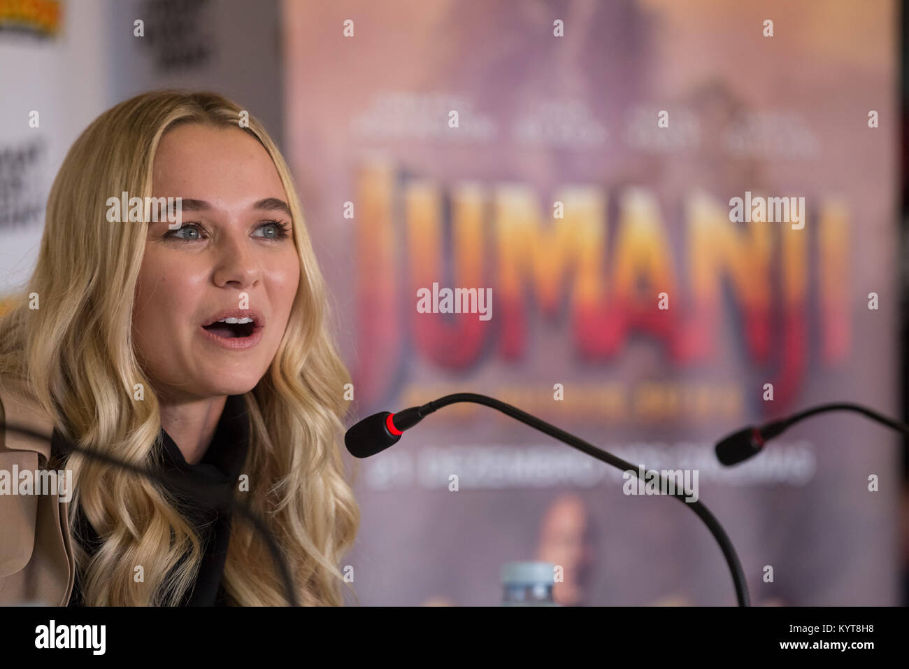 Madison Iseman attends a press conference for 'Jumanji: Welcome To The
