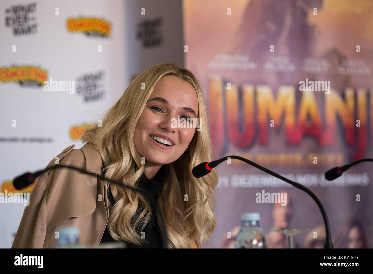 Madison Iseman attends a press conference for 'Jumanji: Welcome To The