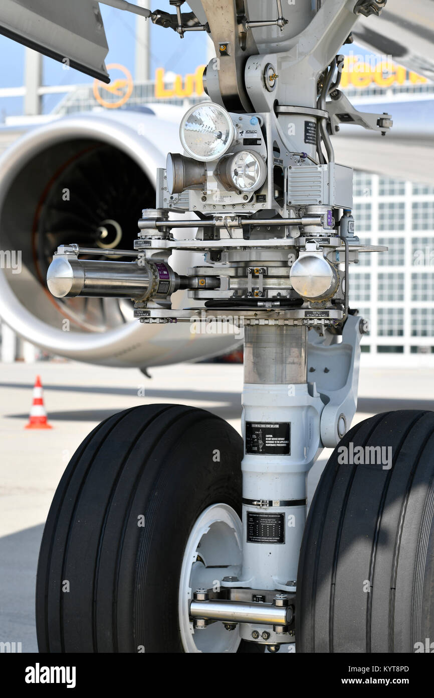 details, tire, maintenance, nose gear, Lufthansa, Airbus, A350-900, Munich Airport, Stock Photo