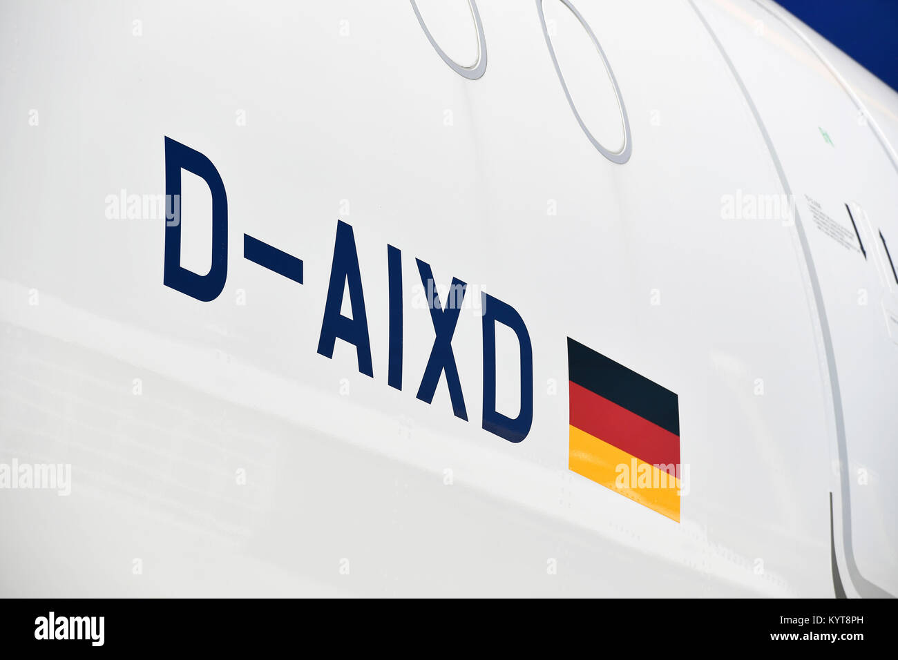 details, registration, letter, letters, number, numbers, D-AIXD, Bonn, flag, sign, Lufthansa, Airbus, A350-900, Munich Airport, Stock Photo
