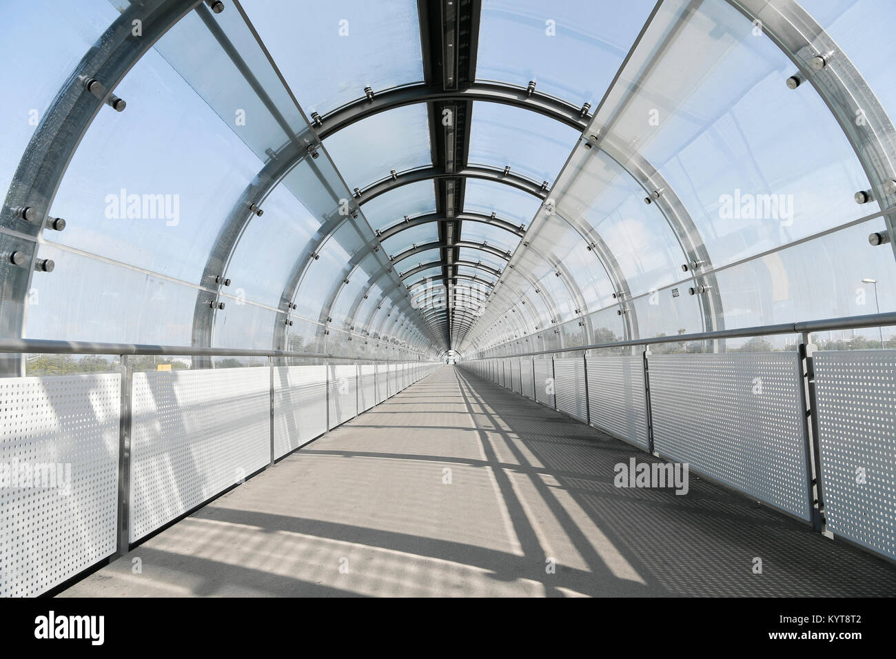 Glass tunnel tube, tunnel, tube, Train Station, S Bahn, S-Bahn station, visitors Park, Flughafen Besucherpark, MUC, Airport Munich, Erding, Freising, Stock Photo