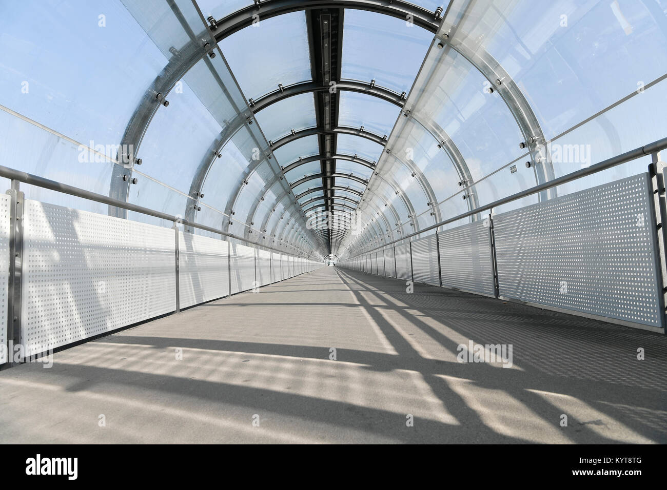 Glass tunnel tube, tunnel, tube, Train Station, S Bahn, S-Bahn station, visitors Park, Flughafen Besucherpark, MUC, Airport Munich, Erding, Freising, Stock Photo