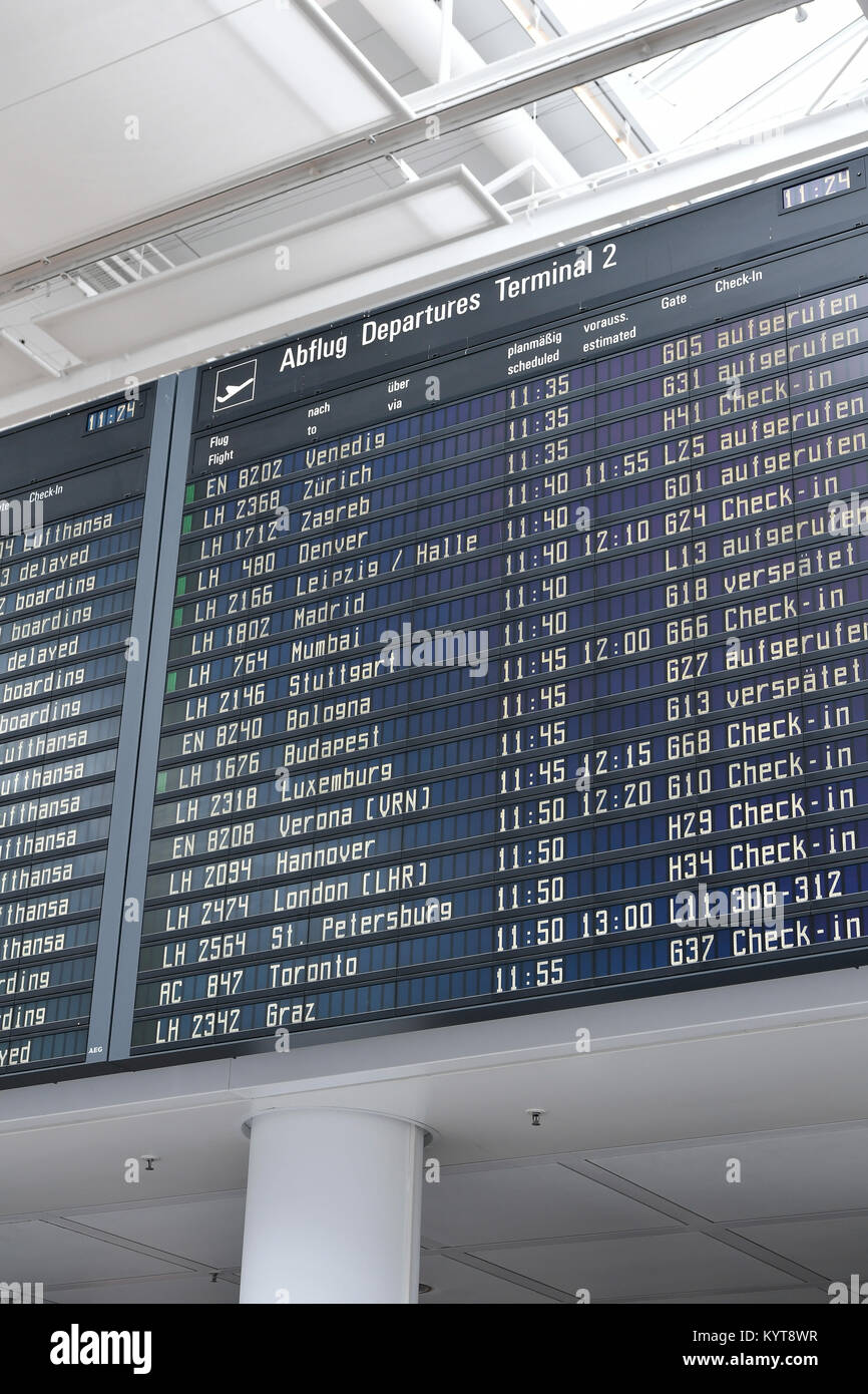 Display, Scoreboard, Departure, different destinations, cities, countries, Arrival, Time, flight numbers, Airline, Time, Terminal 2, Airport Munich Stock Photo