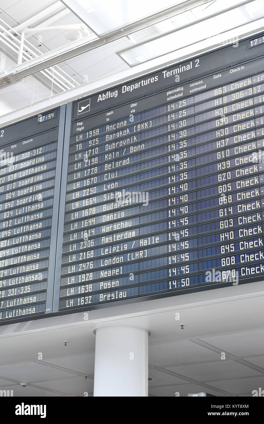 Display, Scoreboard, Departure, different destinations, cities, countries, Arrival, Time, flight numbers, Airline, Time, Terminal 2, Airport Munich Stock Photo