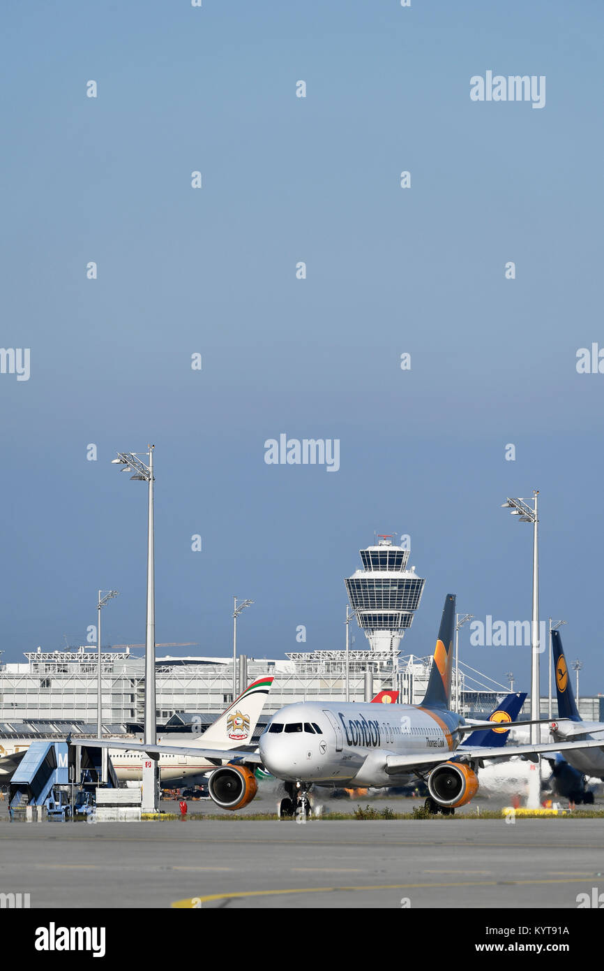 Condor, Thomas Cook, A320, aircraft, airplane, plane, airlines, airways, roll, in, out,  Munich Airport, Stock Photo