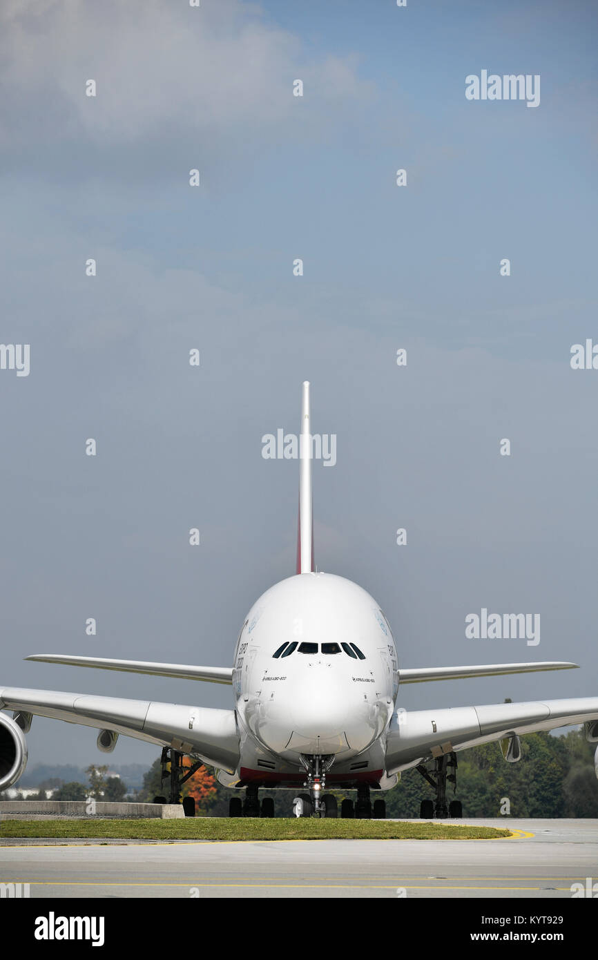 Emirates, Airbus, A380-800, position, ramp, clearance. terminal 1, tower,aircraft, airplane, plane, airlines, airways, roll, in, out,  Munich Airport, Stock Photo