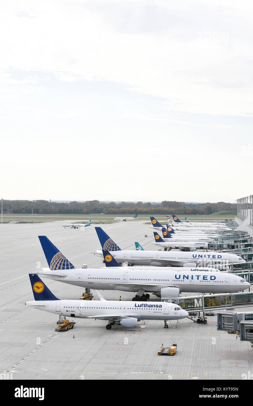 Aircraft of various airlines (Lufthansa, United Airlines) docked at Terminal 2, Vorfeld Ost, Terminal 2, Munich Airport, Stock Photo