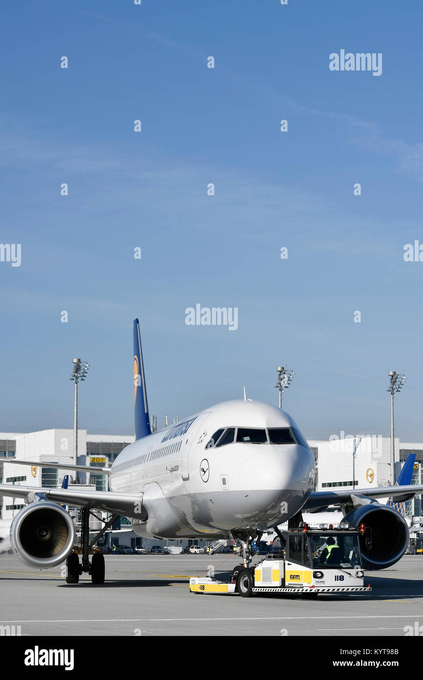Lufthansa, A320-200, push, Push Back Truck, aircraft, airplane, plane, airlines, airways, roll, in, out,  Munich Airport, Stock Photo