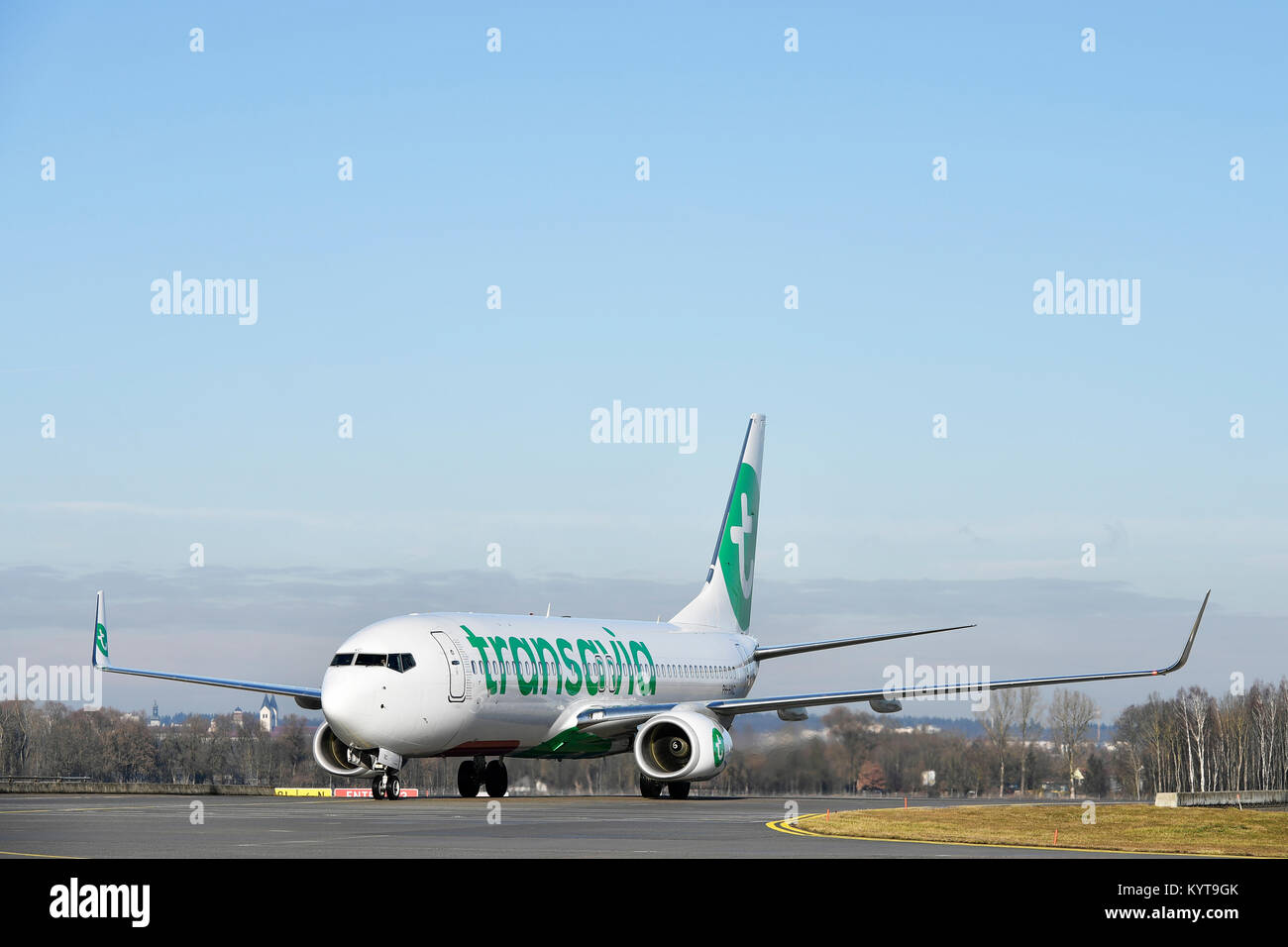 Transavia, Boeing, B737-800, aircraft, airplane, plane, airlines, airways, roll, in, out,  Munich Airport, Stock Photo