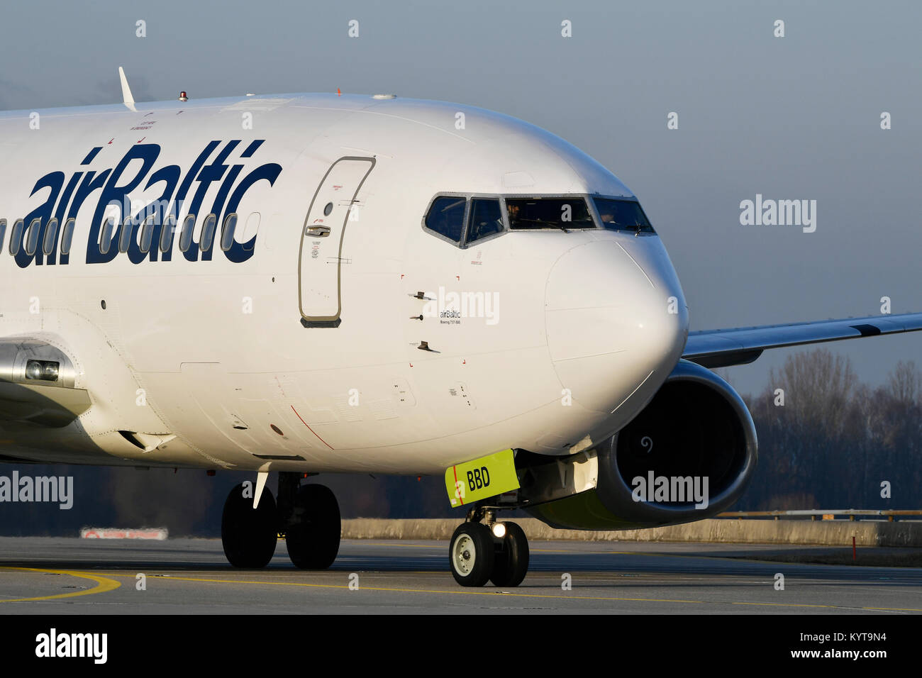 airbaltic, Air Baltic, Boeing, B737, nose gear, wheel, tire, roll in, landing, taxiway, runway, Munich Airport, Upper Bavaria, Germany Stock Photo