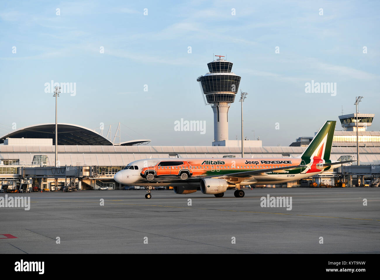 Alitalia, Airbus, A320, special version Jeep Renegade, with tower in front of Terminal 1, Munich Airport, Upper Bavaria, Germany Stock Photo