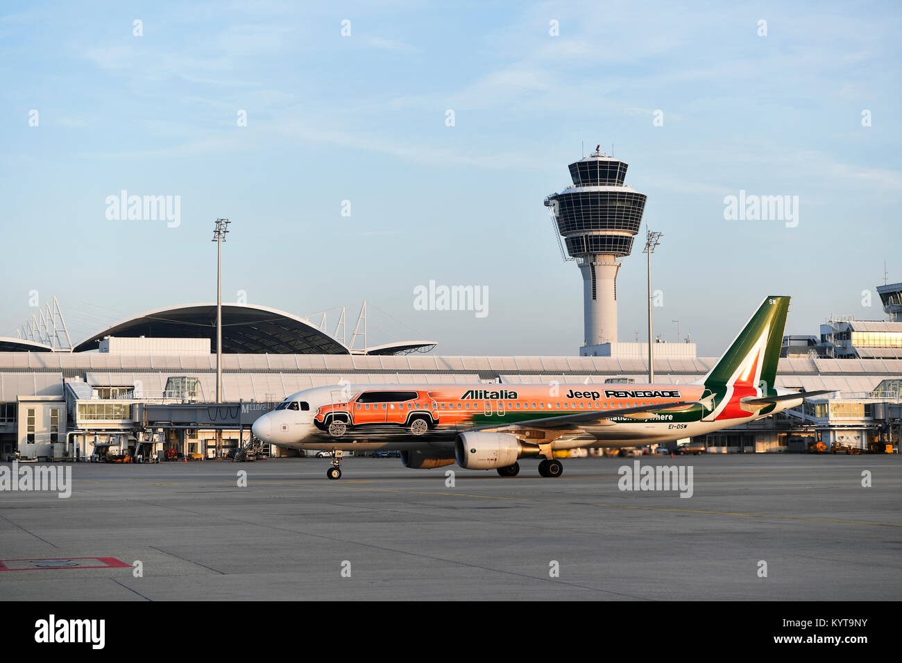 Alitalia, Airbus, A320, special version Jeep Renegade, with tower in front of Terminal 1, Munich Airport, Upper Bavaria, Germany Stock Photo