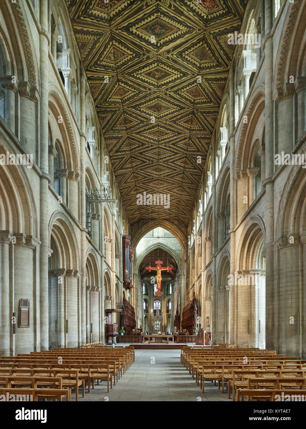 Peterborough Cathedral. The nave, mostly late Norman, twelfth century. The painted wooden roof is mid thirteenth century. View from west towards high  Stock Photo