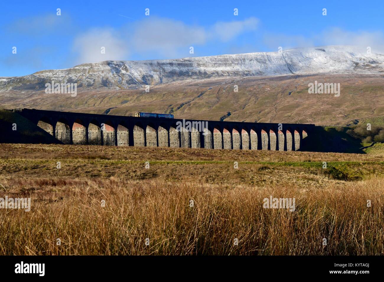 Diesel train crossing the Ribblehead Viaduct. Stock Photo