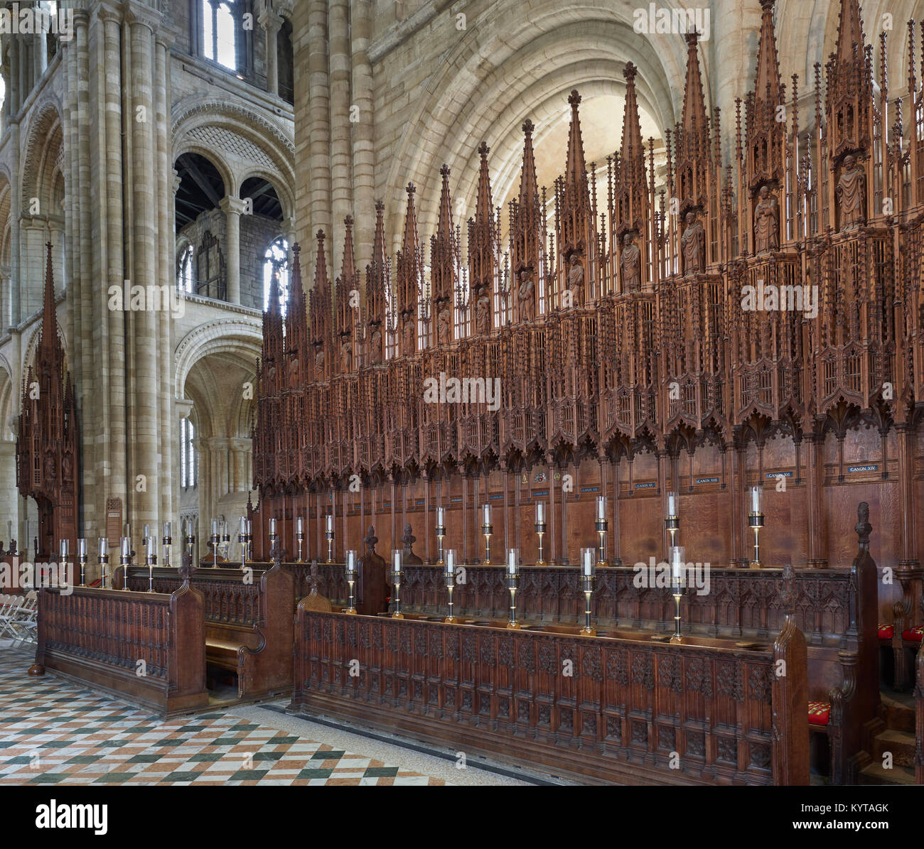 Peterborough Cathedral. Choir stalls, filigree wood carving from 1890-93. Stock Photo