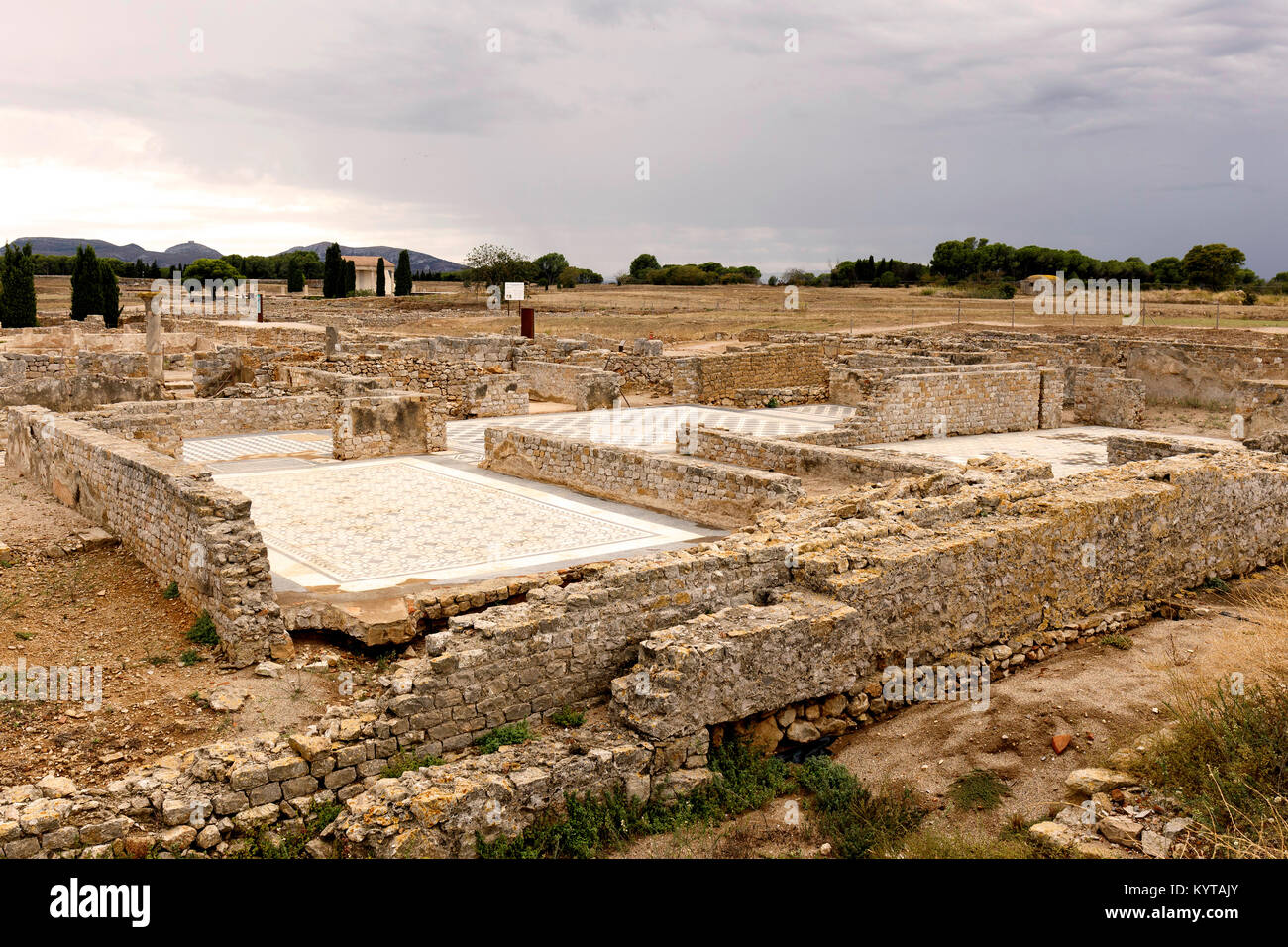 Anexcavated Roman villa at Ampurias, also known as Empúries was a town on the Mediterranean coast of the Catalan Stock Photo