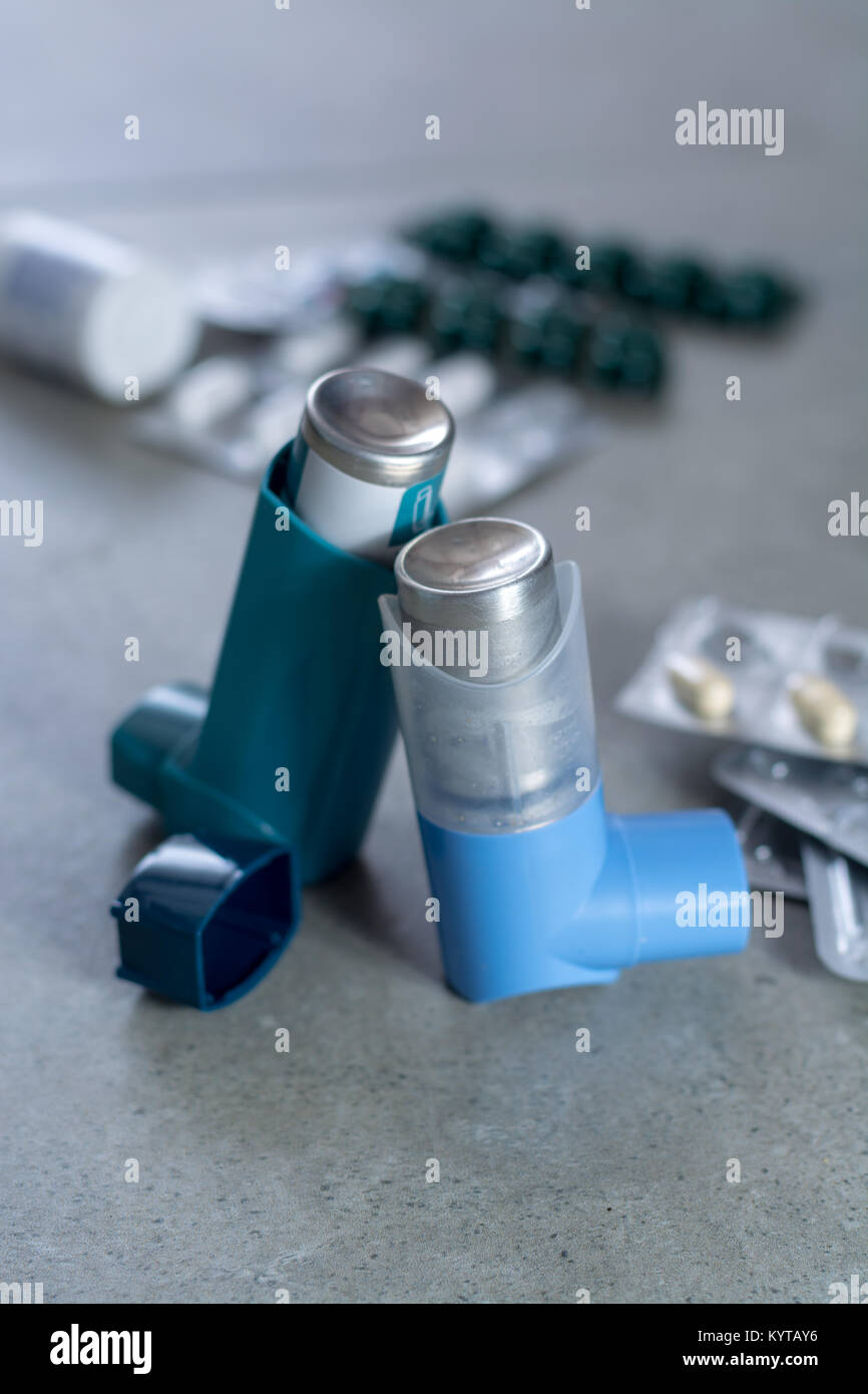 Pills and inhalers for asthma, bronchitis, lungs diseases, first aid