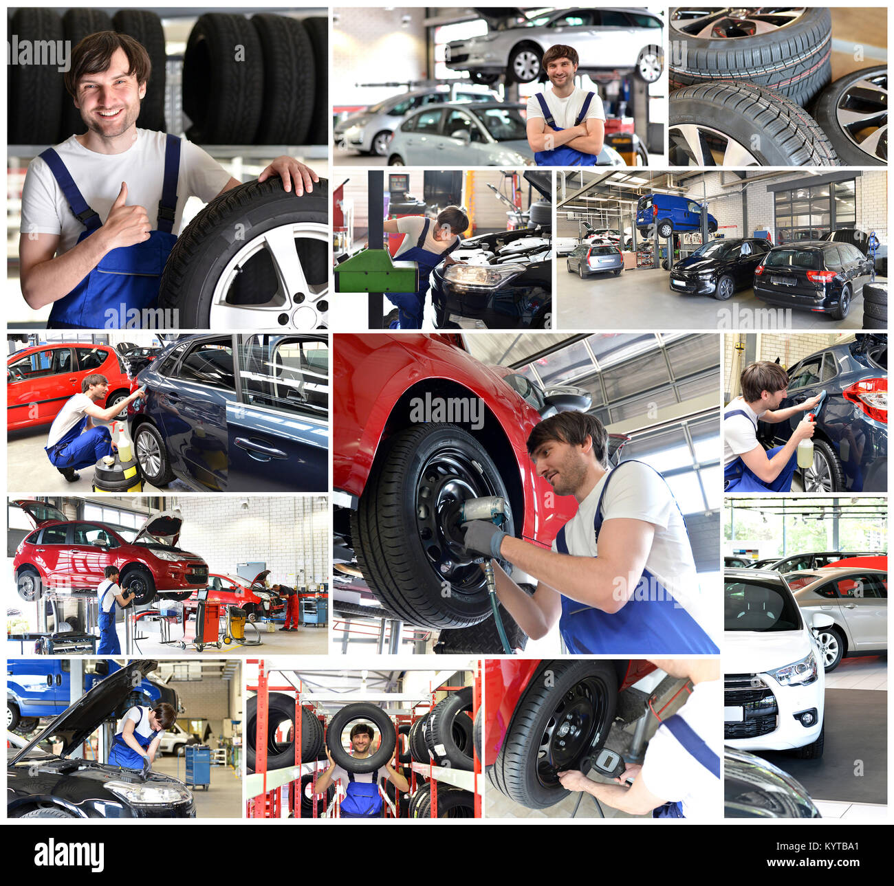 collage with motives in a car repair shop - car repair, change tyres, motor diagnosis Stock Photo