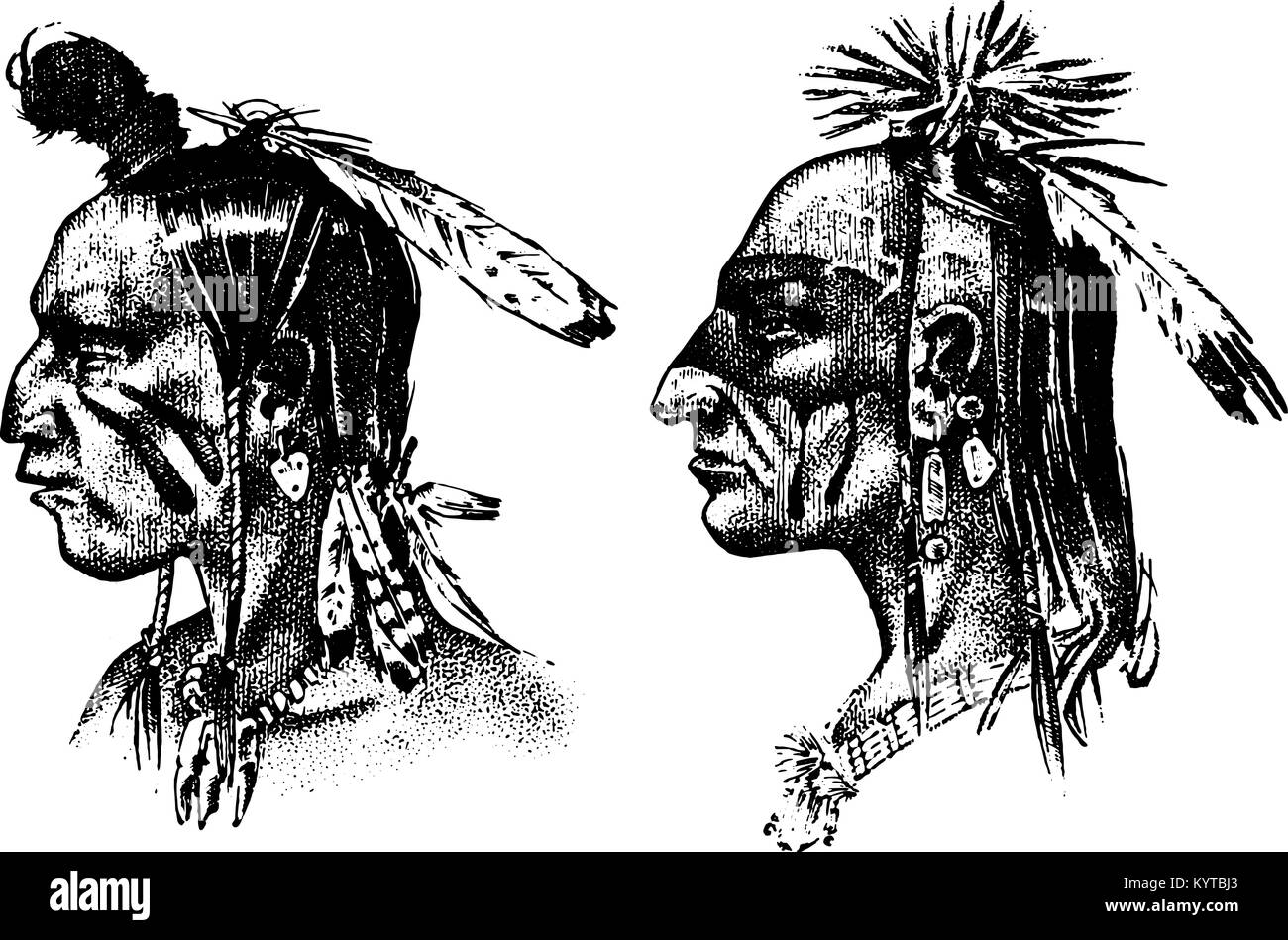 Native American Indian man with headdress and feathers. North or west head mascot of Sioux. traditional culture. half-face, engraved hand drawn realistic in old sketch, vintage style. Stock Vector