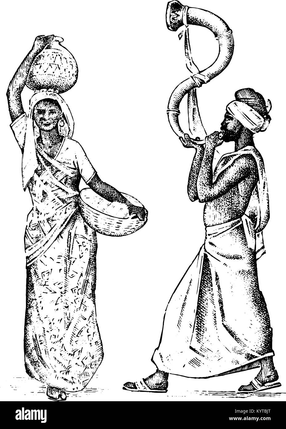 Hindu working in India. engraved hand drawn in old sketch, vintage style. Differences hindu ethnic people in traditional clothing. Vector illustration. Religious costumes. Stock Vector