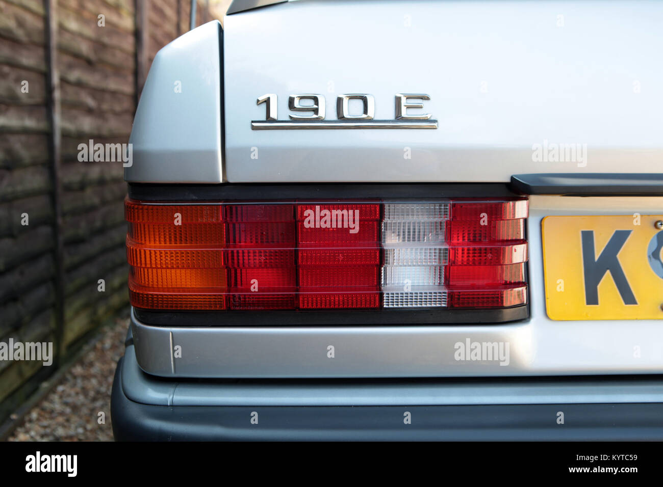 Detailed close up of immaculate 1993 Mercedes 190e  rear light cluster and badge. Dated July 2017 UK Stock Photo