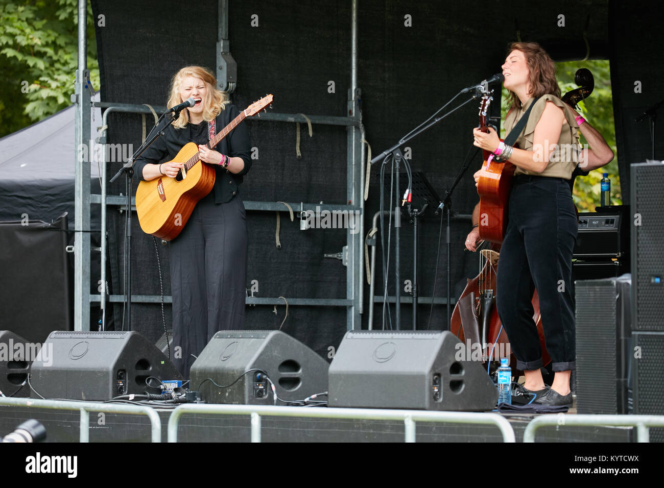 The Swedish folk duo Good Harvest Whitney performs a live concert during the Norwegian music festival Piknik i Parken in Oslo. The duo consists of the two musicians and singers Hanna Enlof (R) and Ylva Eriksson (L). Norway, 22/06 2017. Stock Photo